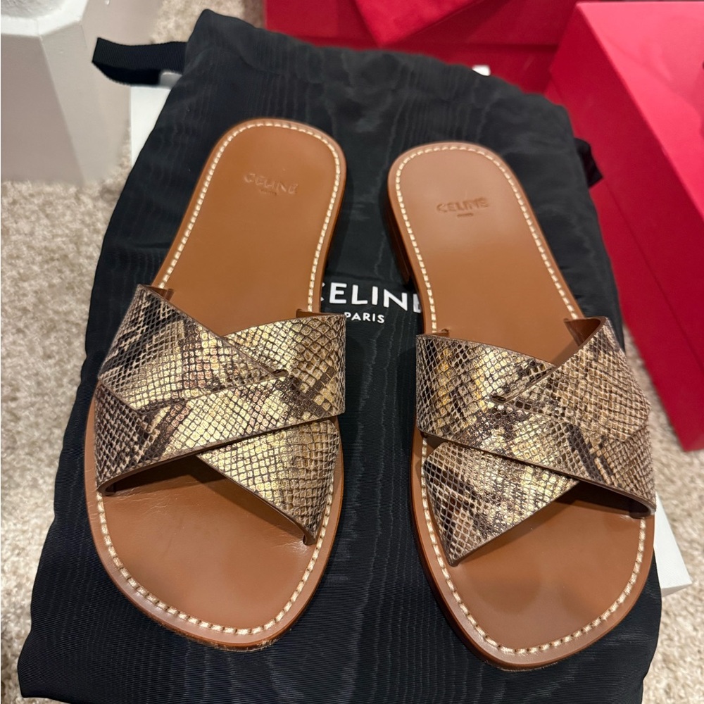 Celine Tan & Gold Snakeskin-Effect Leather Slide Sandals